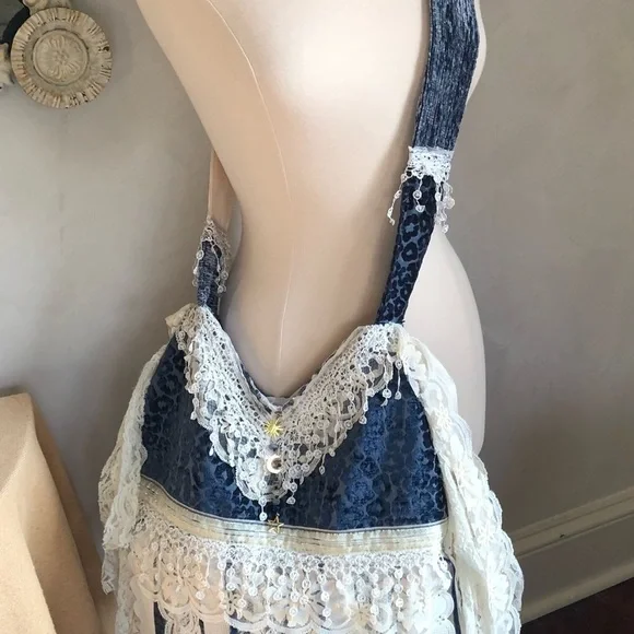 Bohemian Blue Animal Print Cross body Bag w/white lace,ribbon & blue aventurine